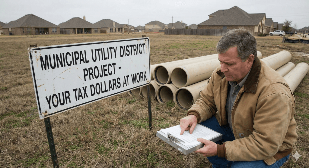 A Person Standing next to the MUD project sign in Fulshear