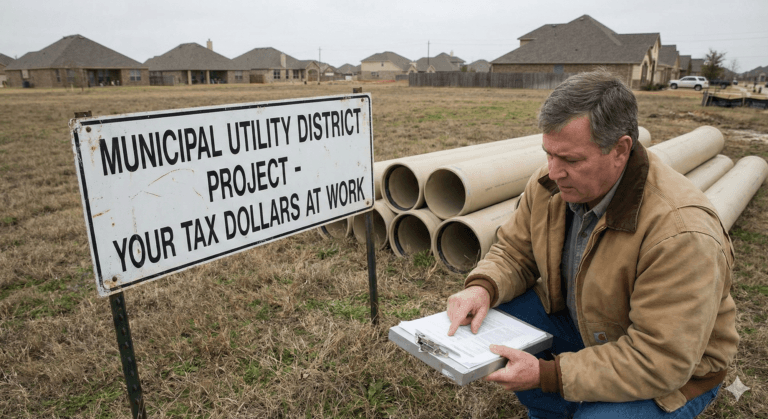 A Person Standing next to the MUD project sign in Fulshear